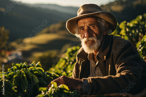 Colombian man, A weathered, dignified Colombian man in his forties, stands proudly by the lush coffee plantation, overlooking the sun-drenched hills of the Andes. 