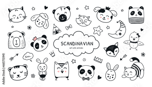Cute Scandinavian baby. Black and white tattoo or simple stickers. Nordic superhero panda. Sleeping owl bird and bear. Sweet night dream. Animal muzzles set. Vector illustration design