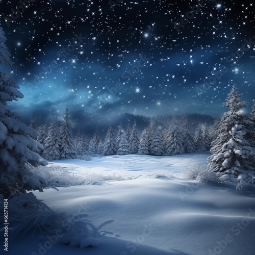 winter night landscape with trees and snow in a clear sky © Tony