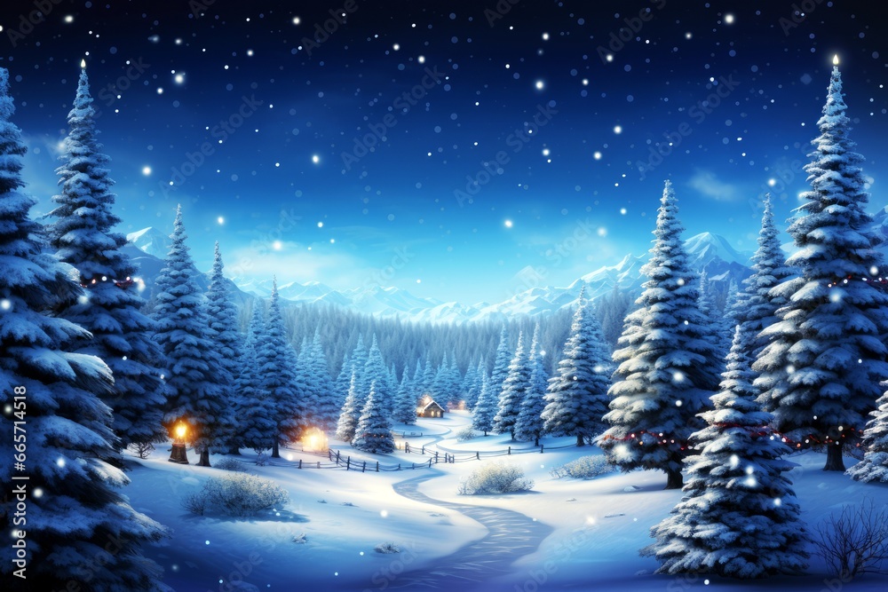 Watercolor snowy landscape adorned with decorated Christmas trees and twinkling lights, Merry Christmas background
