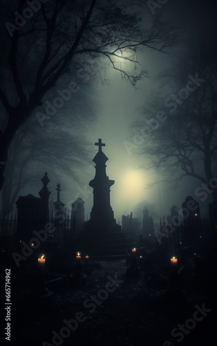 cemetery, moonlight from behind, foggy atmosphere