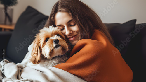 Une femme heureuse avec un chien yorkshire dans ses mains.  photo
