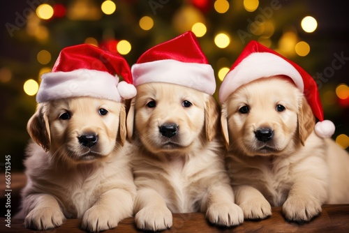 Golden retriever puppies wearing santa hat on Christmas, Cute Xmas pet photos for dog parents, 2023 holiday greeting celebration illustration © Mohammad