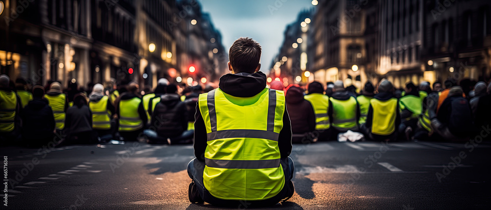 Rear view, protest activists wearing hi vis jacket sit on a road and block traffic - obrazy, fototapety, plakaty 
