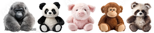 Set of fur plush stuffed animal toy on transparent background cutout, PNG file. Many assorted different design. Mockup template for artwork graphic design