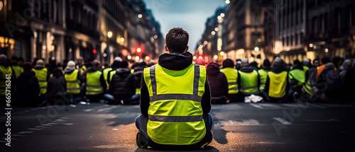 Rear view, protest activists wearing hi vis jacket sit on a road and block traffic