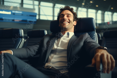 a business man relax smile while seated on VIP chair in airport, rest and calm, Generative Ai. photo