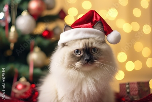 Birman cat wearing santa hat with christmas tree bokeh background, Cute Xmas pet photos for cat parents, 2023 holiday greeting celebration illustration © Mohammad