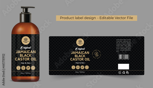 Jamaican Black Castor Oil Label Design, Castor oil label packaging design with bottle mockup for hair care oil label black and gold cosmetic conditioner label premium quality editable vector file photo