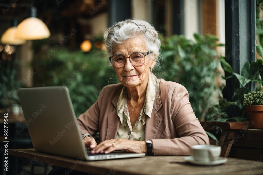 Old granny woman working on laptop computer in cafe at table with a plants in the background. Generative AI. Old granny woman working on laptop computer in cafe at table with a plants in the background. Generative AI.