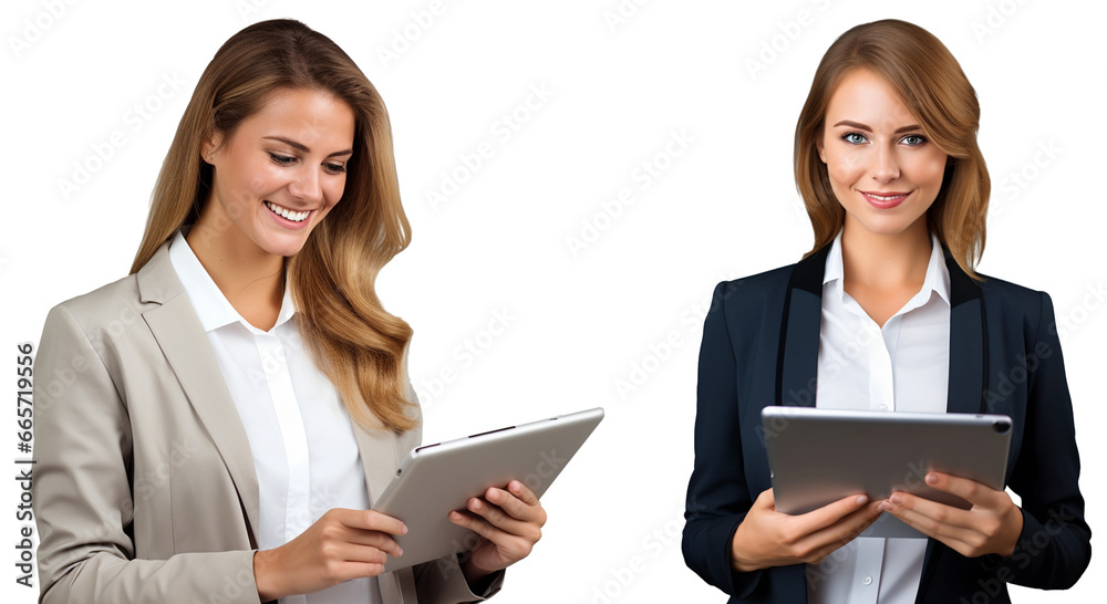 Young Happy Businesswoman Working and Smiling with Tablet - Touching the Tablet Screen Isolated on Transparent Background Young Happy Businesswoman Working and Smiling with Tablet - Touching the Tablet Screen Isolated on Transparent Background