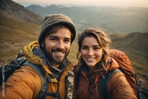 Couple of hiker taking selfie during trekking on the mountain.