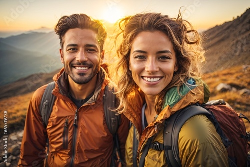 Couple of hiker taking selfie during trekking on the mountain during late spring sunset with sun flares in the background. Generative Ai.