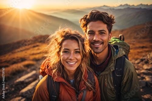 Couple of hiker taking selfie during trekking on the mountain during late spring sunset with sun flares in the background. Generative Ai.