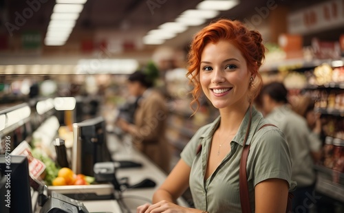 beautiful redhead female cashier smiling at the checkout scanning codes of products in a grocery store. customers and shop in the background.