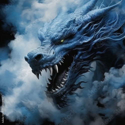 3d illustration of a dragon with smoke in the dark background. © MinuteDream