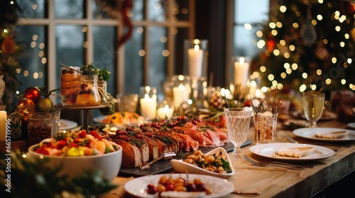 Christmas dinner table full of dishes with food and snacks, New Year's decor with a Christmas tree in the background. Buffet or catering concept.
