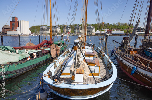 Along the street in Flensburg harbor with old boats, Flensburg, Germany