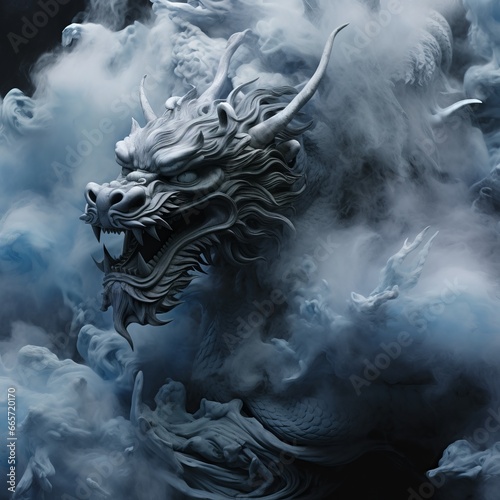 3d illustration of a dragon with smoke in the dark background. © MinMin