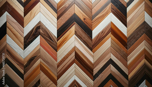 The image showcases an intricate chevron pattern made from wood panels. Each wooden panel has a distinct grain and color, ranging from deep browns and reddish hues to lighter tans and whites.