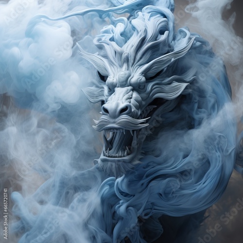 3d illustration of a dragon with smoke in the dark background.