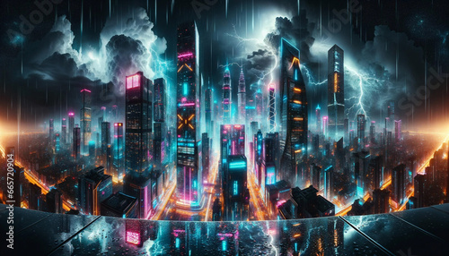 portrays a breathtaking, futuristic cityscape during a stormy night. Towering skyscrapers, illuminated with neon lights in hues of pink, blue, and purple, dominate the skyline.