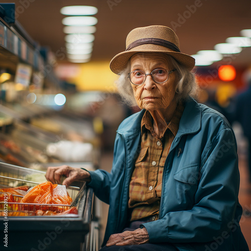 Shopping in the supermarket, old lady is worried about the high prices, AI generated