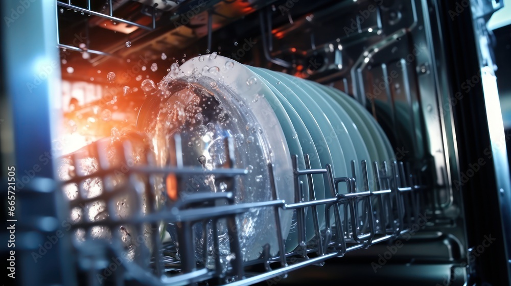 Working dishwasher splashing water on dishes inside view