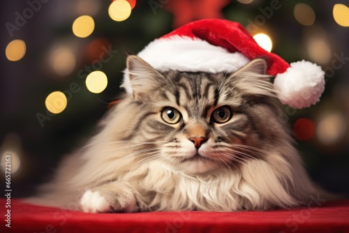 Maine coon cat wearing santa hat with christmas tree bokeh background, Cute Xmas pet photos for cat parents, 2023 holiday greeting celebration illustration