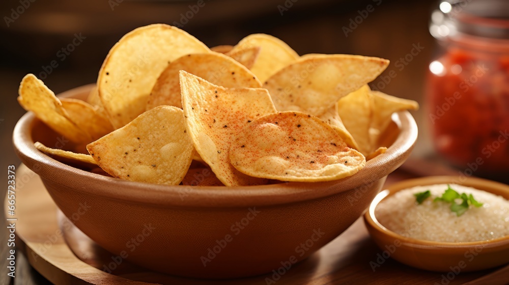 Crispy potato chips Homemade potato chips in wooden bowl