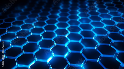 Abstract digital technology geometric hexagonal pattern background with glowing blue neon lights from sides. Generated AI