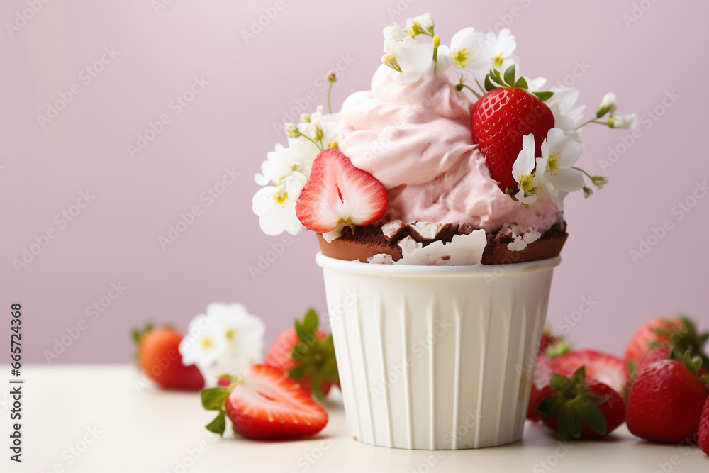 Cake to go with edible flowers, strawberry and cream in paper craft cup on bright background 