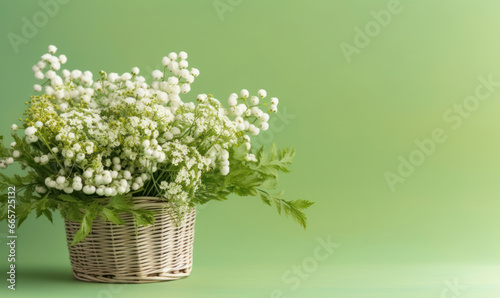 Fresh white floral elegantly displayed in a braided basket. © smth.design
