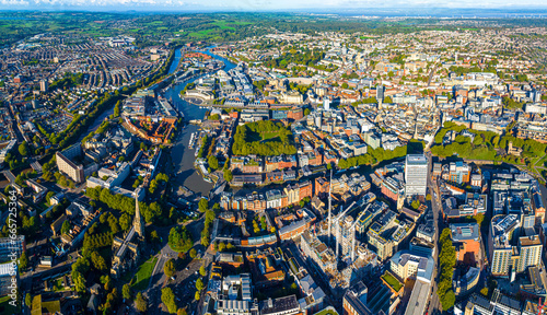 Aerial view of central Bristol in sunny morning  England