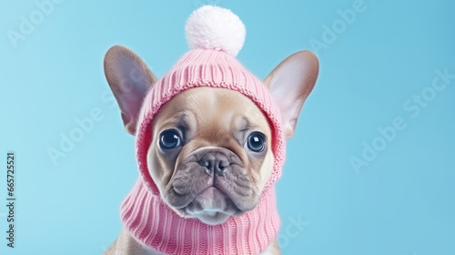 Cute french bulldog wearing a knitted purple hat on blue background