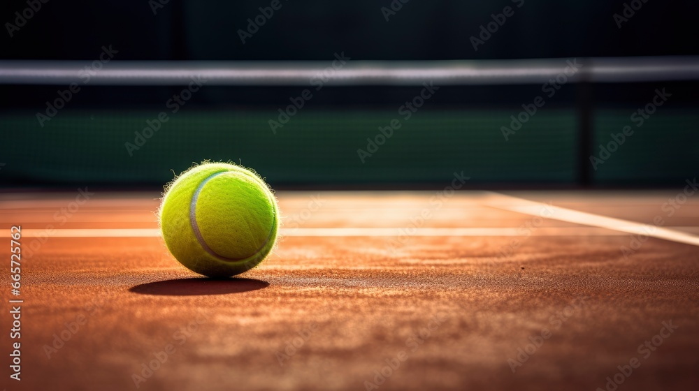 Tennis court, racket and ball staged professional photo