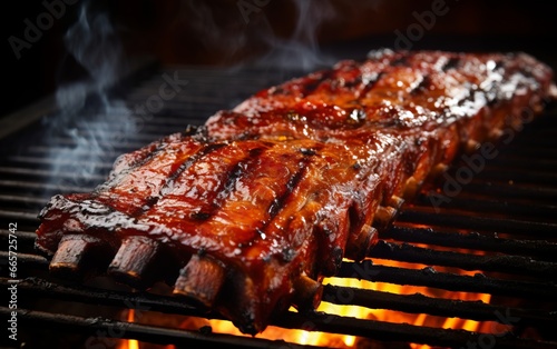 Barbecue Grilled pork ribs on the grill.