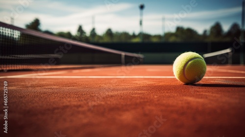 Tennis court, racket and ball staged professional photo