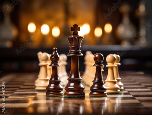 Wooden chess board with figures staged