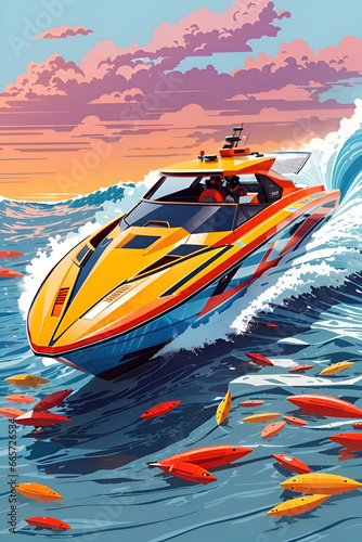 Sunset Chase: Speedboat Dash Amidst Ocean Hues