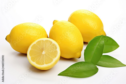 Lemons with green leaves on white background