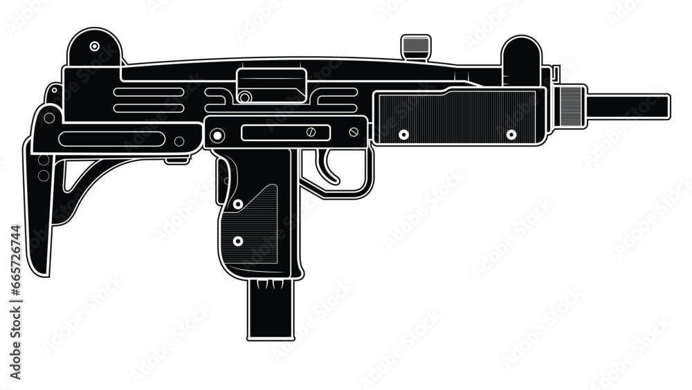 Vector illustration of the UZI israel machine gun with folded stock on the white background. Black. Right side.