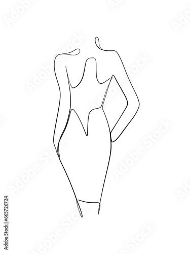 A woman's back in a dress is drawn in one line style. Body expression. Printable art.