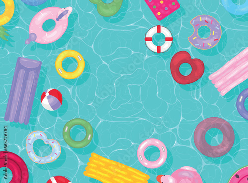 Many inflatable rings and mattresses in swimming pool, top view