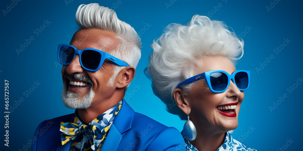 modern and fashionable cheerful elderly couple, on blue background