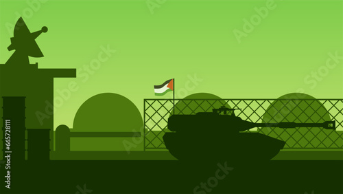 Military palestine landscape vector illustration. Silhouette of palestine military base with tank. Palestine illustration for background, wallpaper, issue and conflict