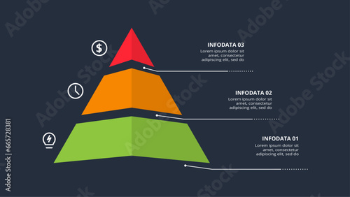 Triangle infographic with 3 elements, presentations, vector illustration. Template for web on a black background.