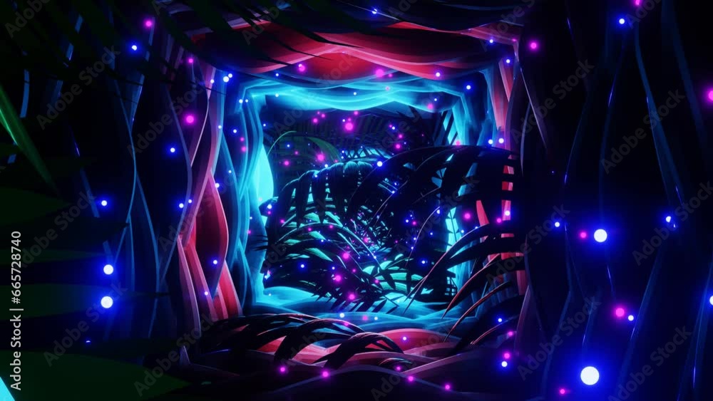 Backward motion Mystical fantasy wild neon jungle tunnel background with bokeh. Seamless loop VJ 4k.