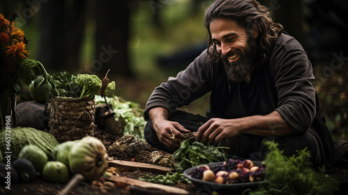 A man collects edible plants in the forest
