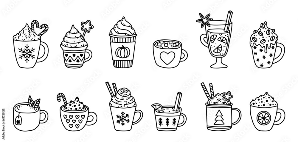 Autumn and winter hot drinks coloring doodle. Cozy cup with coffee, pumpkin spice latte, hot chocolate with marshmallow, cacao with whipped cream, mint tea, mulled wine, cinnamon vanilla latte